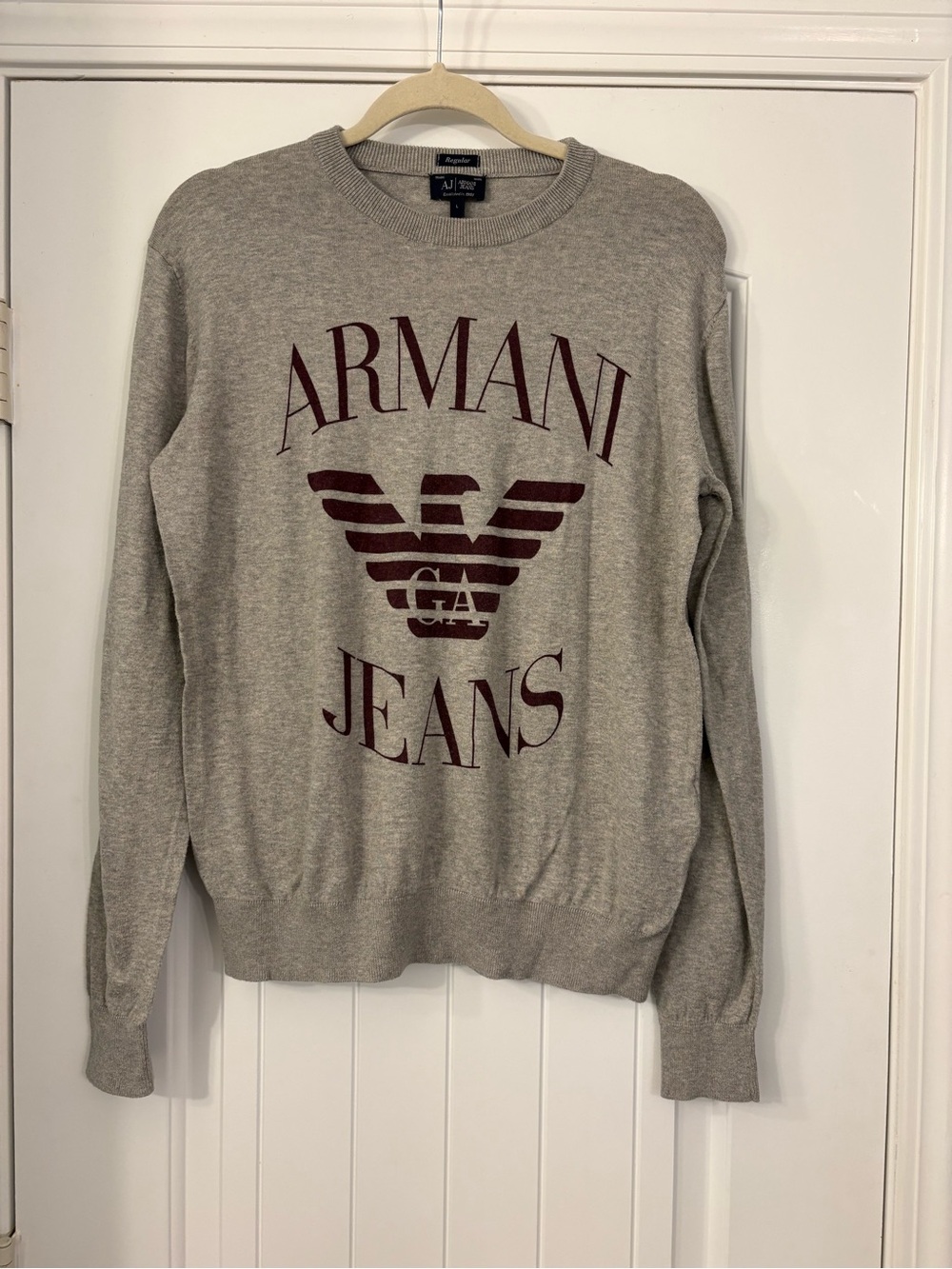 Armani Jeans Light Gray Crewneck Sweater with Maroon Logo
